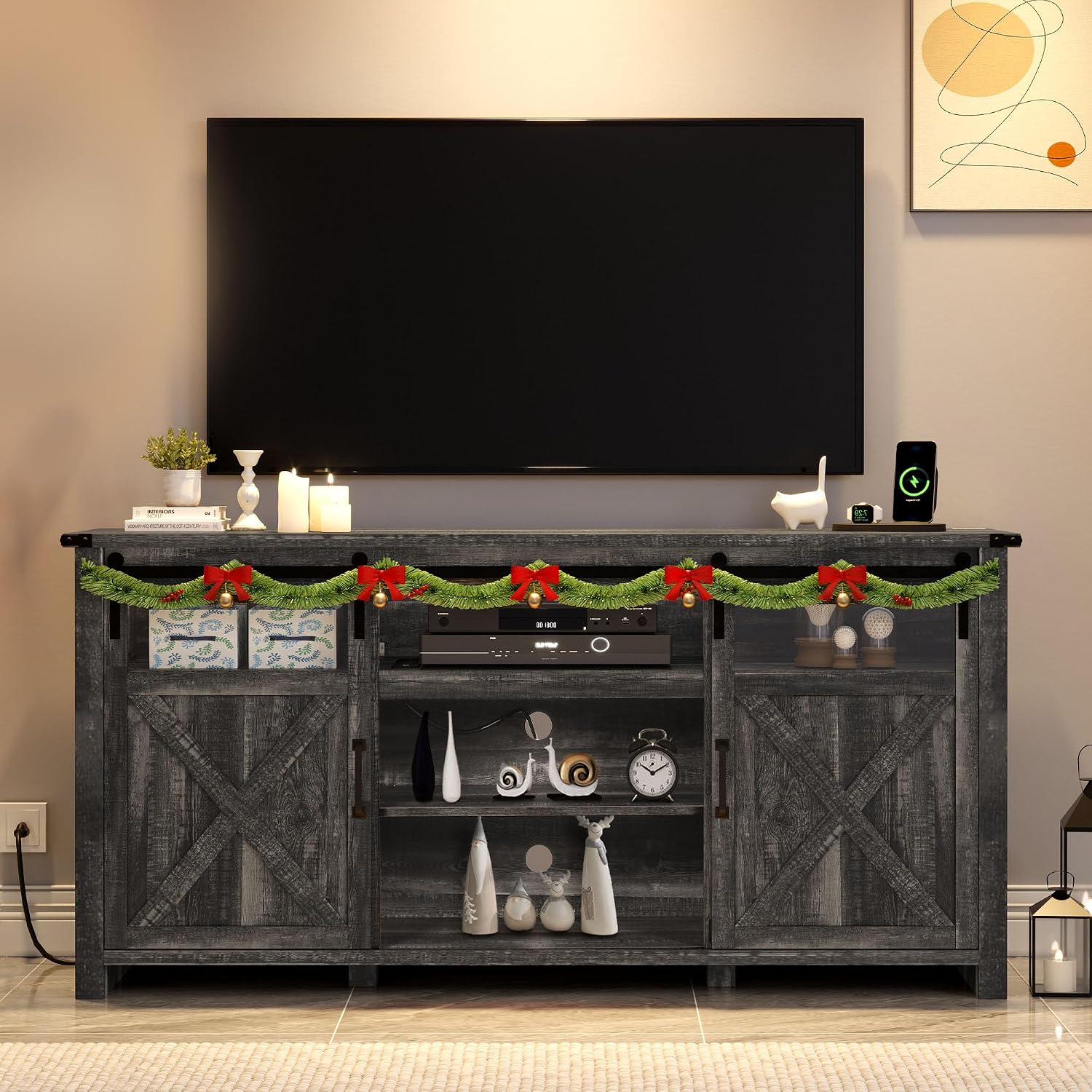 YITAHOME Farmhouse TV Stands for 75 Inch TV with Power Outlets, Entertainment Center with Sliding Barn Doors and Adjustable Shelves, TV Cabinet Media Console Table for Living Room, Dark Rustic Oak