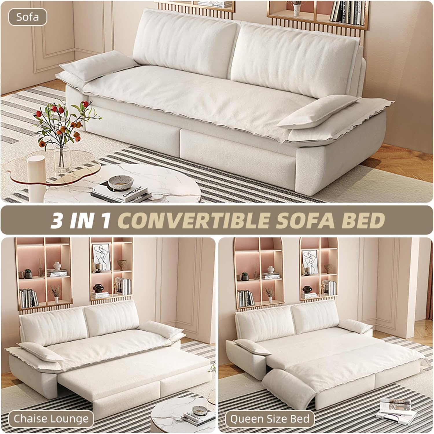 3 in 1 Convertible Queen Sleeper Sofa Bed Comfy Pull Out Futon Couch Bed 73.2' Modern Velvet Recliner Loveseat Sofa Multi-Functional Beige Cloud Couch for Living Room,Apartment,Office (Beige 73.2')