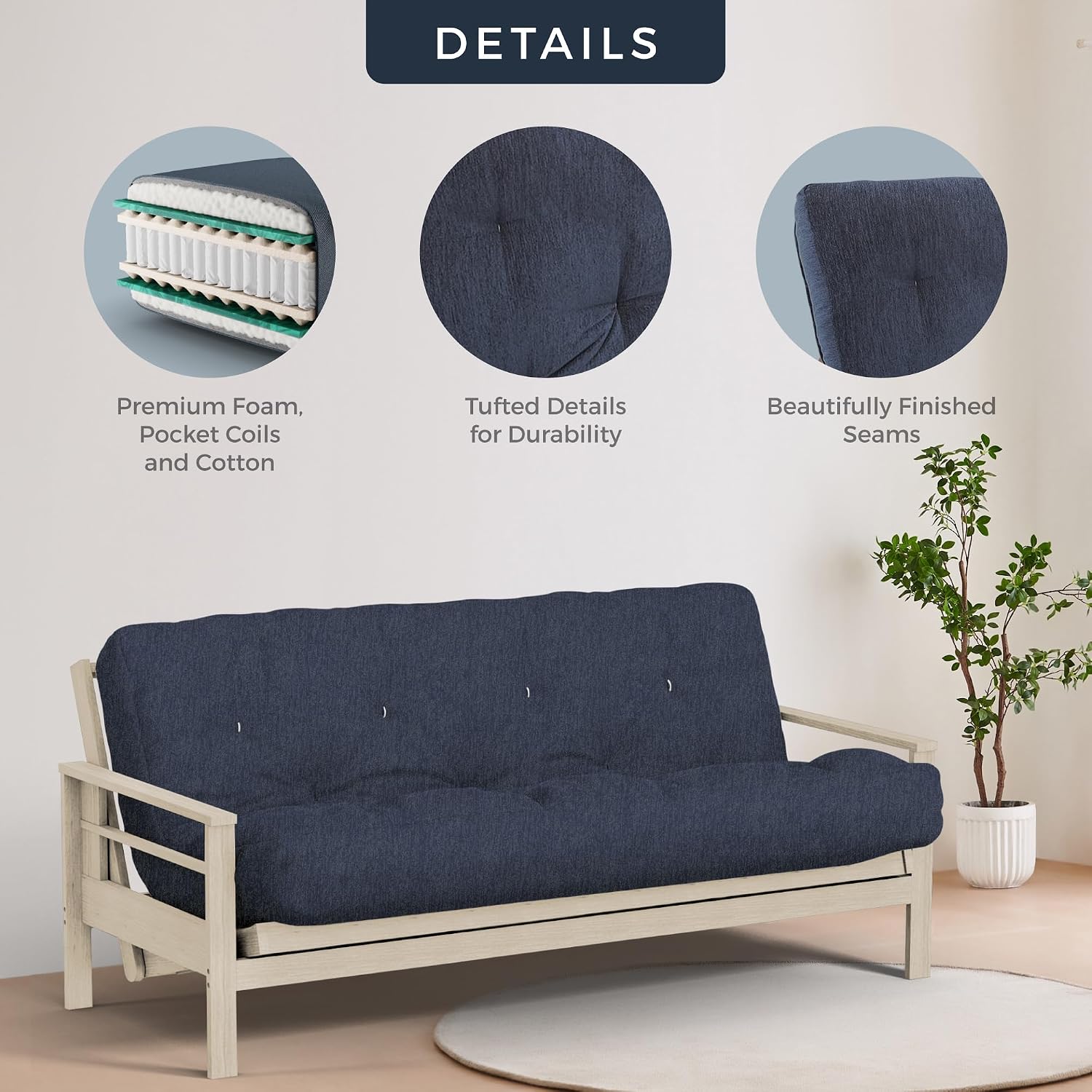 Loosh Home | 10' Twin Size Futon Sofa Bed Pocket Coil Foam Mattress - USA Made, Charcoal Velvet Chenille, Frame Not Included