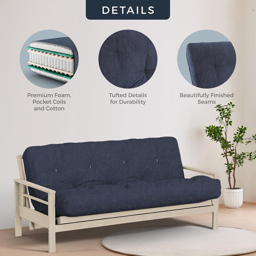 Loosh Home | 10' Full Size Futon Sofa Bed Pocket Coil Foam Mattress - USA Made, Charcoal Velvet Chenille, Frame Not Included
