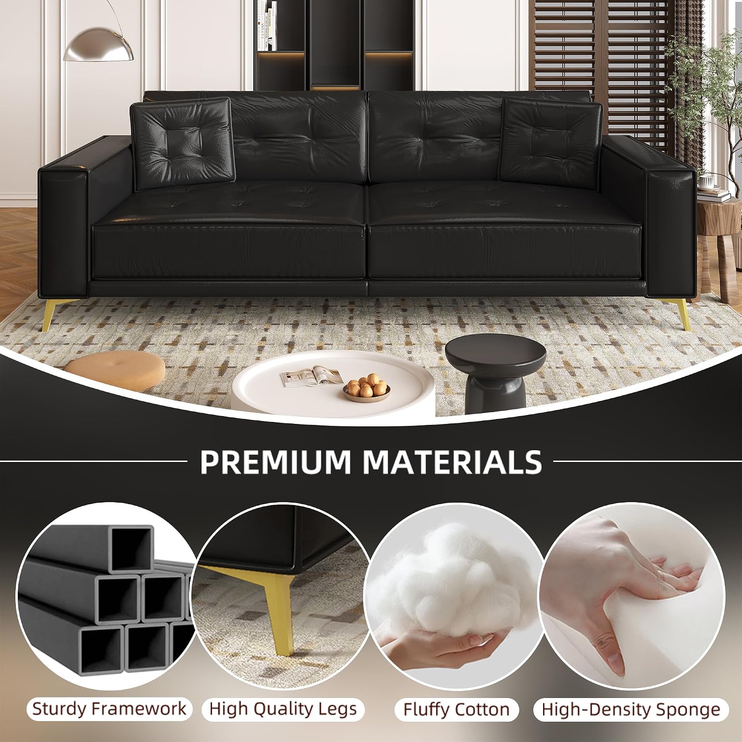 92.1'' King Pull out Sofa Bed, Convertible Futon Couch, 3-in-1 Faux Leather Sleeper Sofa with Tufted Back, 2 Pillows, Gold Legs, Deep Folding Loveseat Couches for Living Room, Apartment, Black