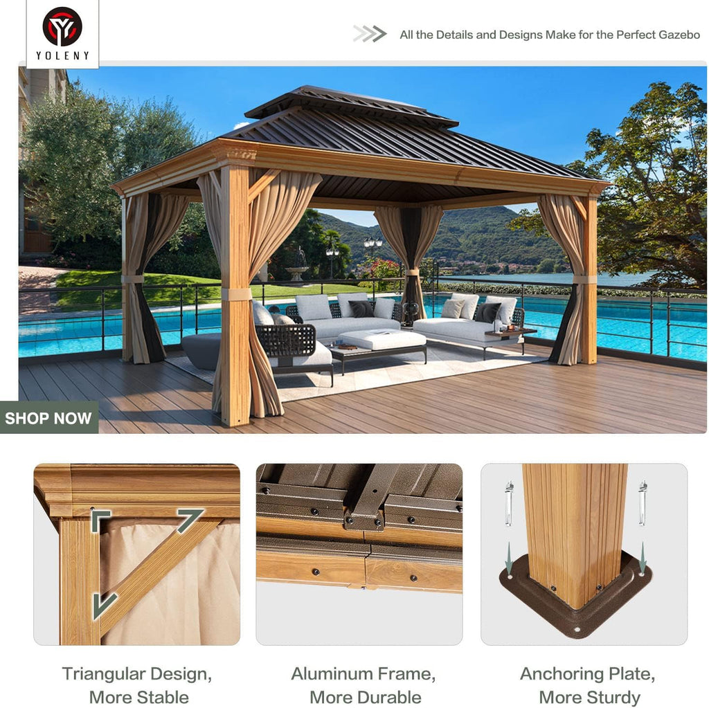 YOLENY 12' x 14' Hardtop Gazebo, Wooden Finish Coated Aluminum Frame Gazebo with Galvanized Steel Double Roof, Outdoor Permanent Metal Pavilion with Curtains and Nettings for Patio, Lawn & Garden
