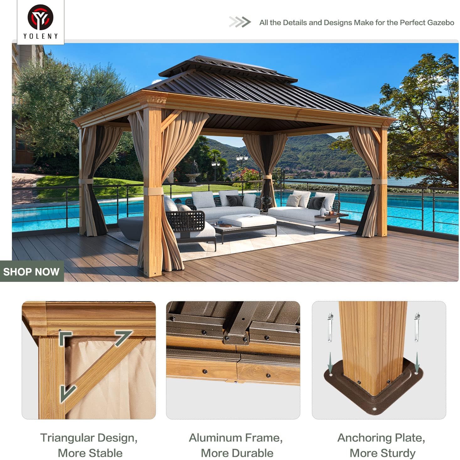 YOLENY 12' x 14' Hardtop Gazebo, Wooden Finish Coated Aluminum Frame Gazebo with Galvanized Steel Double Roof, Outdoor Permanent Metal Pavilion with Curtains and Nettings for Patio, Lawn & Garden
