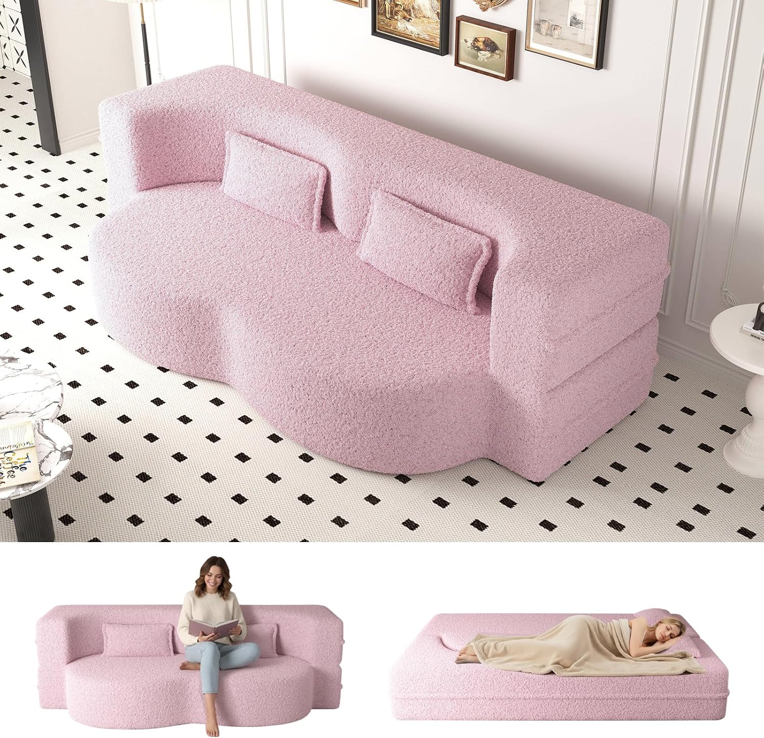 CAPCAEK Folding Foam Sofa Bed,15' Full Size Floor Couch,Convertible Teddy Fabric Foam-Filled Sleeper Futon Loveseat Couch for Living Room, Guest Use, Office, Apartmen (Pink)