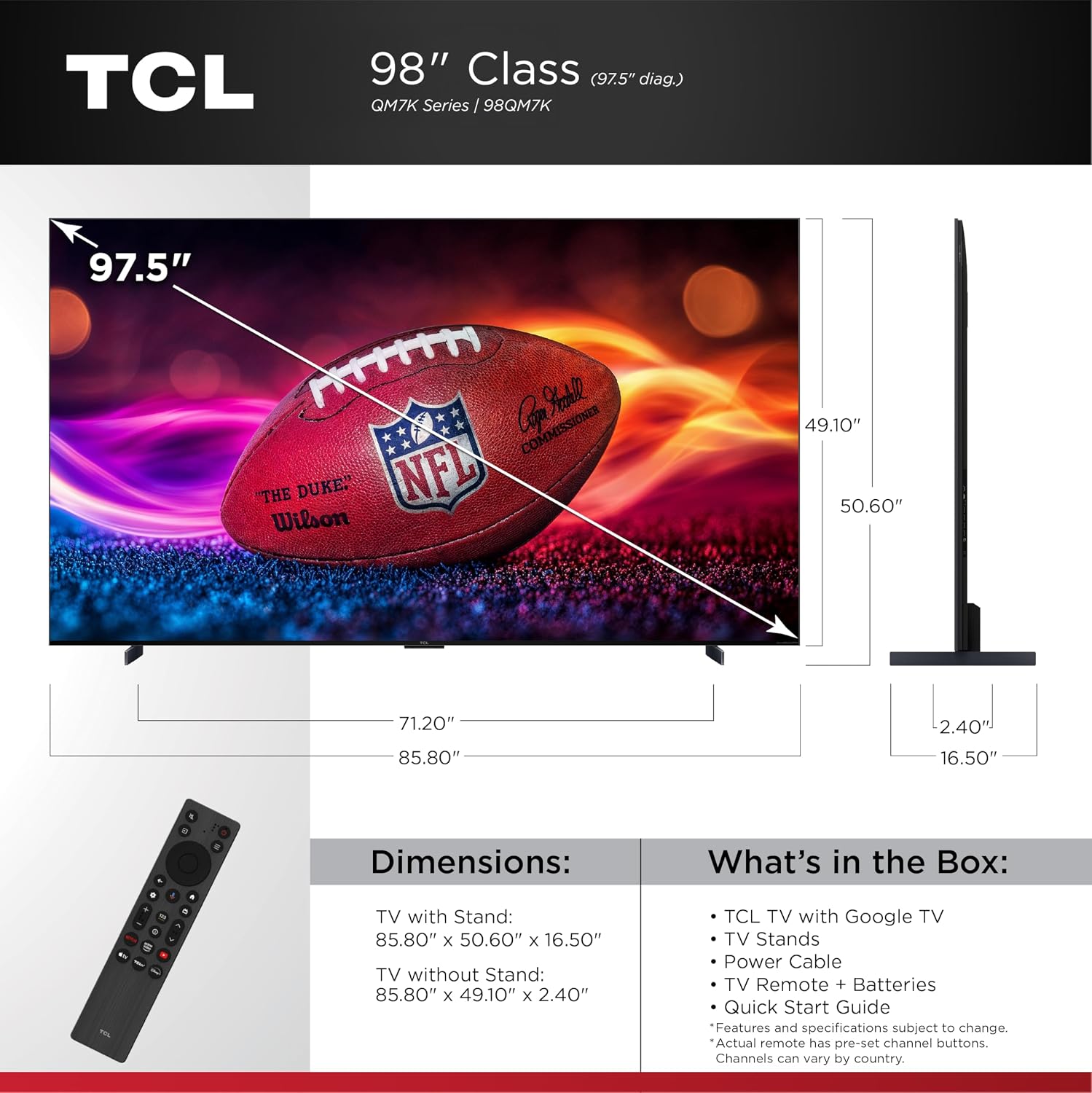 TCL 98 Inch Class QM7K Series | Mini LED QLED 4K HDR | 98QM7K, 2025 Model | 120HZ-144HZ Anti Reflective Screen Smart Google TV Dolby Atmos Onkyo Audio | Voice Remote Alexa Gaming Streaming Television