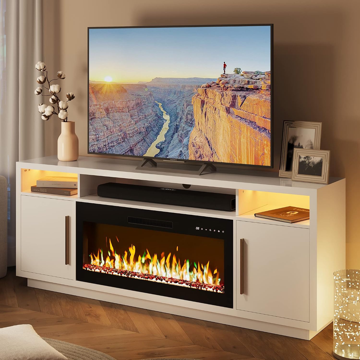 BELLEZE 70' Fireplace TV Stand for TVs Up to 80', LED Light Entertainment Center with 36' Electric Fireplace Heater, Storage Cabinet, Media Console Table for Living Room - Avenue (White)