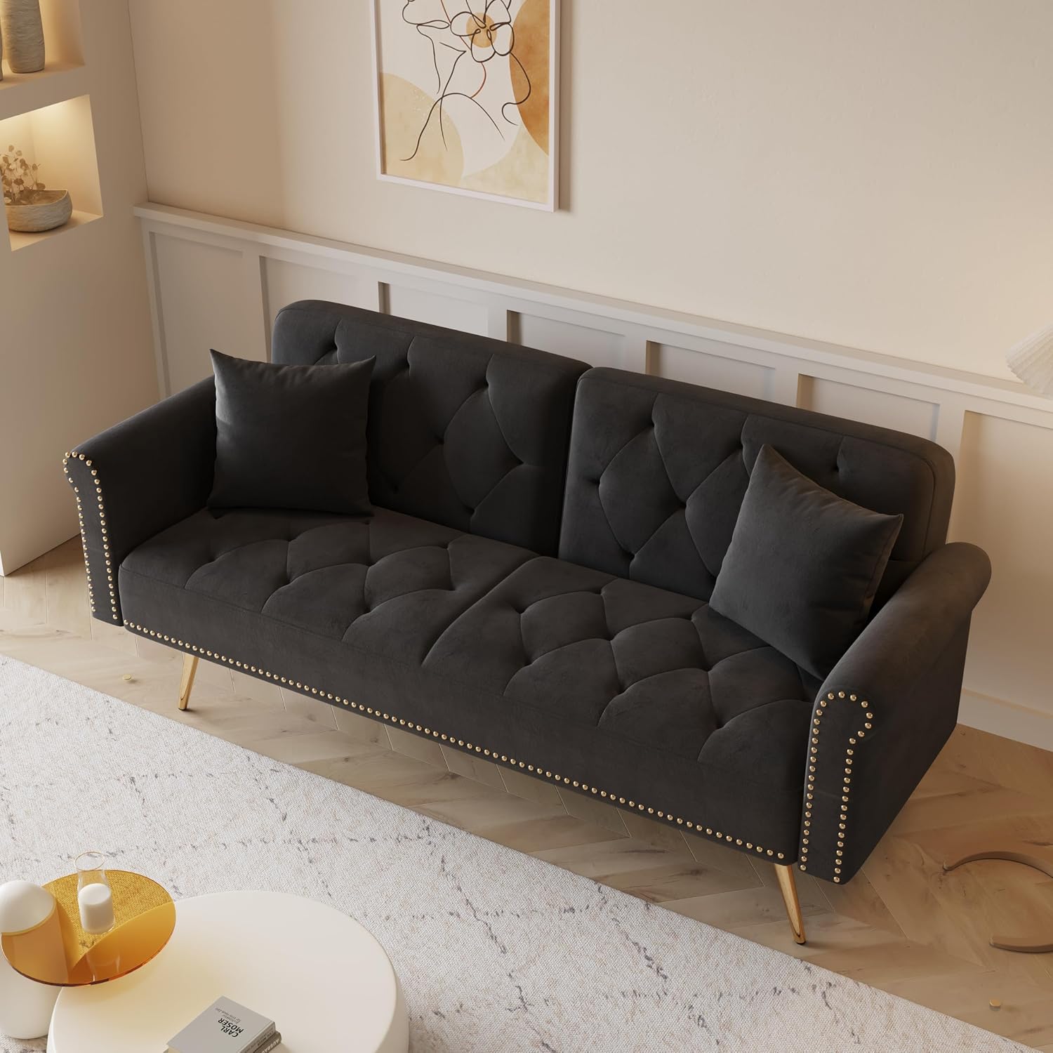KEIKI 70' Folding Futon Sofa Couch w/Adjustable Backrest, Mid Century Modern Loveseat Convertible to Sleeper Bed, Small Comfy Velvet Cloud Couch SofaBed for Living Room & Bedroom, 2 Pillows, Black