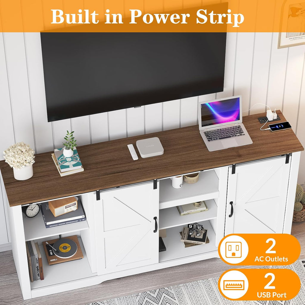 GarveeLife Farmhouse TV Stand for Televisions Up to 80 in,Sliding Barn Doors and Storage Cabinets, Console Table and Media Furniture for Living Room, 70 in, Rustic White