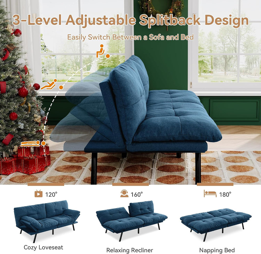 Convertible Futon Sofa Bed,71' Modern Fabric Futon Couch with Adjustable Backrest&Armrest,Small Loveseat Sleeper Sofa,Dorm Futonsofa for Apartment,Living Room,Detachable Cushions,Navy Blue