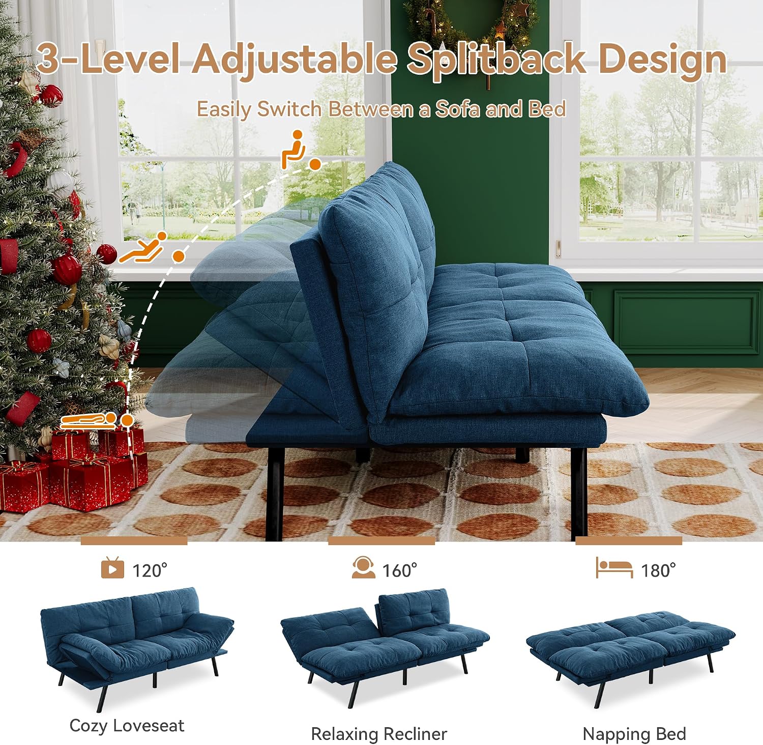 Convertible Futon Sofa Bed,71' Modern Fabric Futon Couch with Adjustable Backrest&Armrest,Small Loveseat Sleeper Sofa,Dorm Futonsofa for Apartment,Living Room,Detachable Cushions,Navy Blue