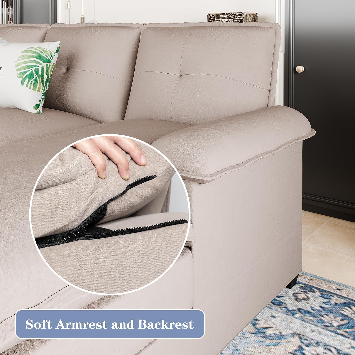 110' Sectional Couches for Living Room,4 Seat U Shape Modular Couch with Thick Cushion & Soft Backrest,Upholstered Sofa Couch with Double Chaise,Beige