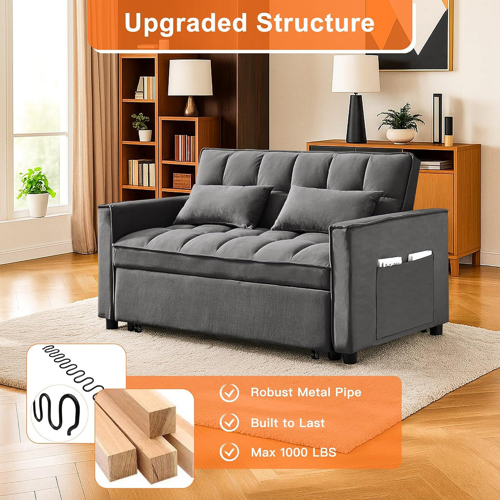 3 in 1 Convertible Sleeper Sofa Bed,Futon Pull Out Couch with Adjustable Backrest,Velvet Fabric Loveseat Sofa with Side Pocket for Bedroom, Living Room