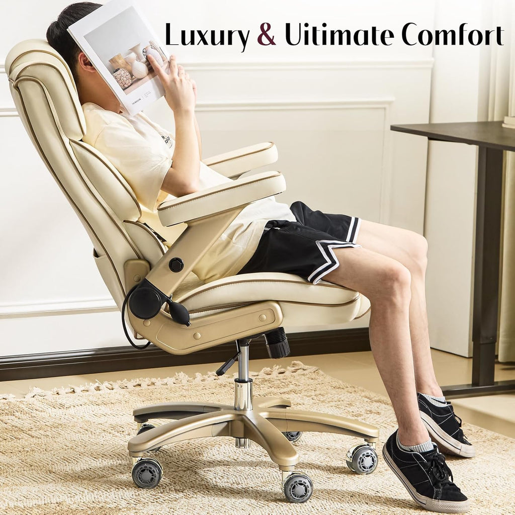 Big and Tall Office Chair 500lbs,5D Armrests Heavy Duty Executive Leather Chair with Comfortable Seat, Adjustable Lumbar, High Back, Large Computer Desk Chair for Home Office, Beige