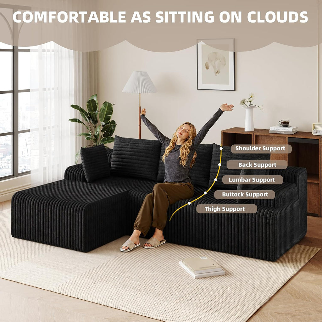 2026 New Boneless Couch, No Assembly Cloud Couch Sectional with Deep Seat & Chaise for Small Spaces, Upholstered Boneless Sectional Couch for Living Room, L Shaped Couch with Left Facing Chaise, Black