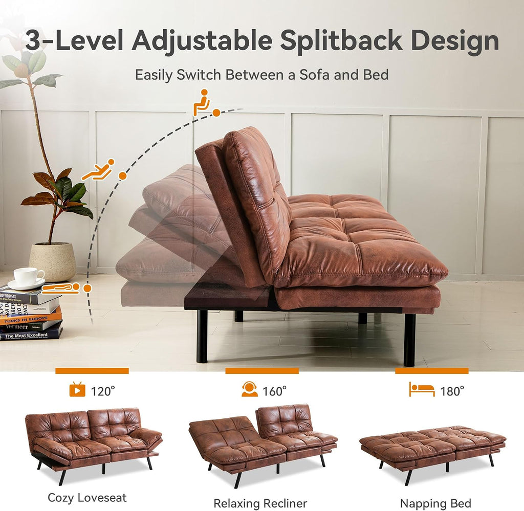 Convertible Futon Sofa Bed,71' Modern Premium Faux Leather Futon Couch with Adjustable Backrest&Armrest,Small Loveseat Sleeper Sofa,Dorm Futonsofa for Apartment,Living Room,Whisky Brown