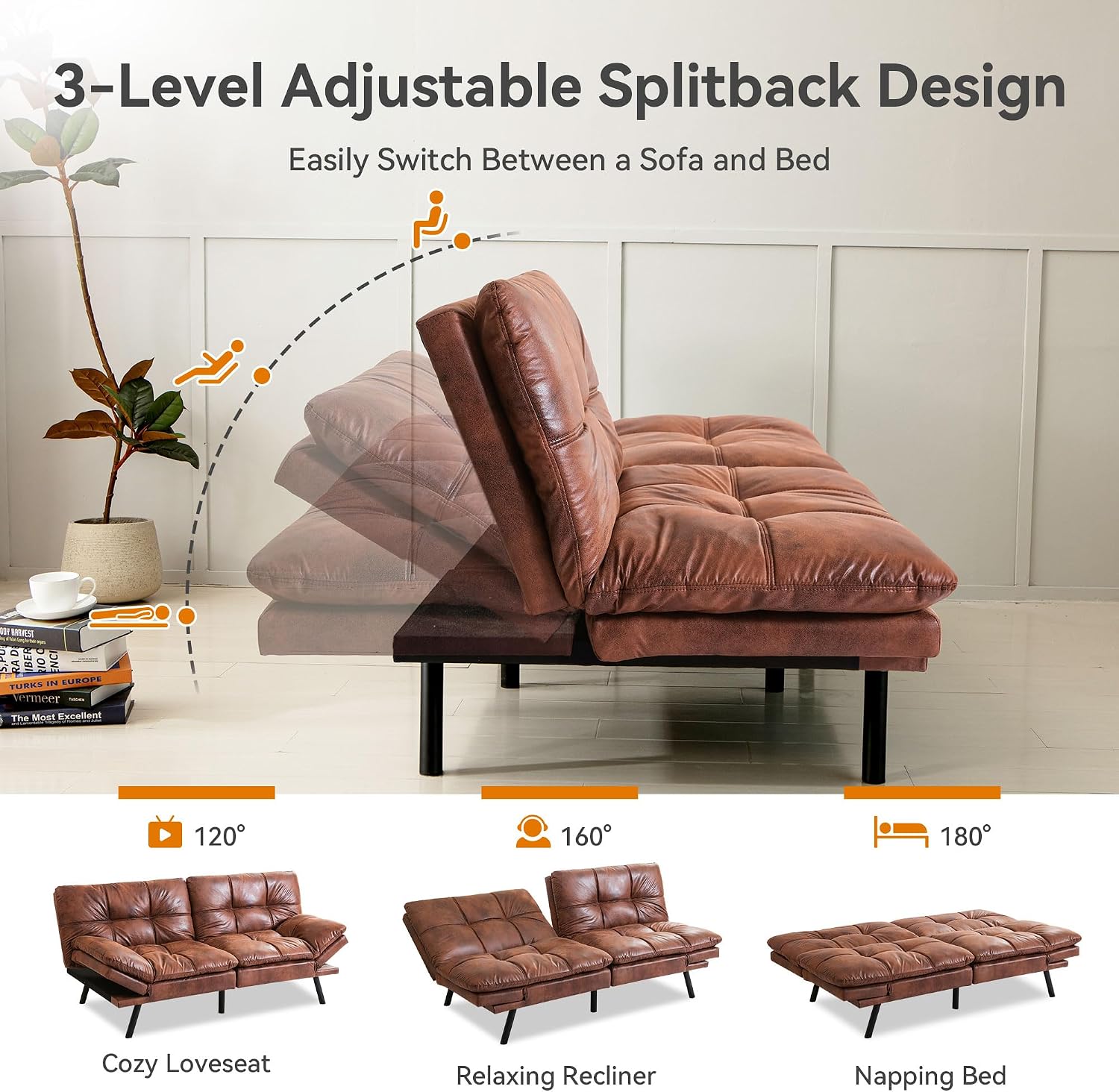 Convertible Futon Sofa Bed,71' Modern Premium Faux Leather Futon Couch with Adjustable Backrest&Armrest,Small Loveseat Sleeper Sofa,Dorm Futonsofa for Apartment,Living Room,Whisky Brown