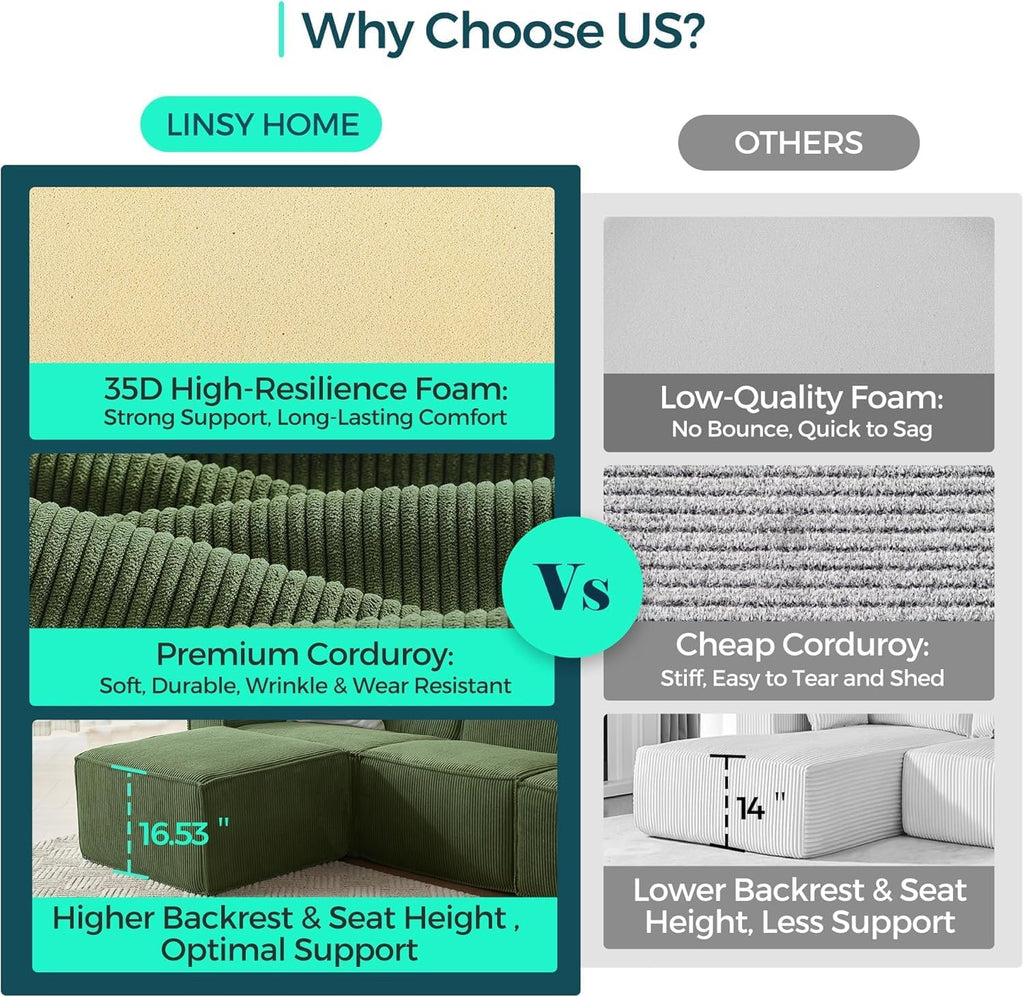 LINSY HOME Modular Sectional Sofa, 105' Boneless Couch U Shaped 3-Seat Sofa with 2 Ottomans, Corduroy Sectional Cloud Couches for Living Room, No Assembly Required(Green)