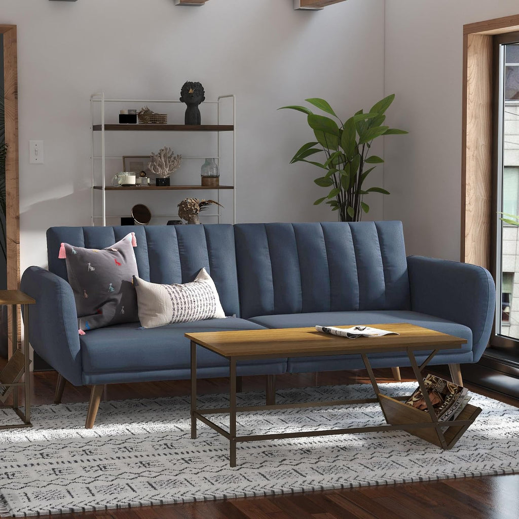 Novogratz Brittany Sofa Futon, Premium Linen Upholstery and Wooden Legs, Blue Linen