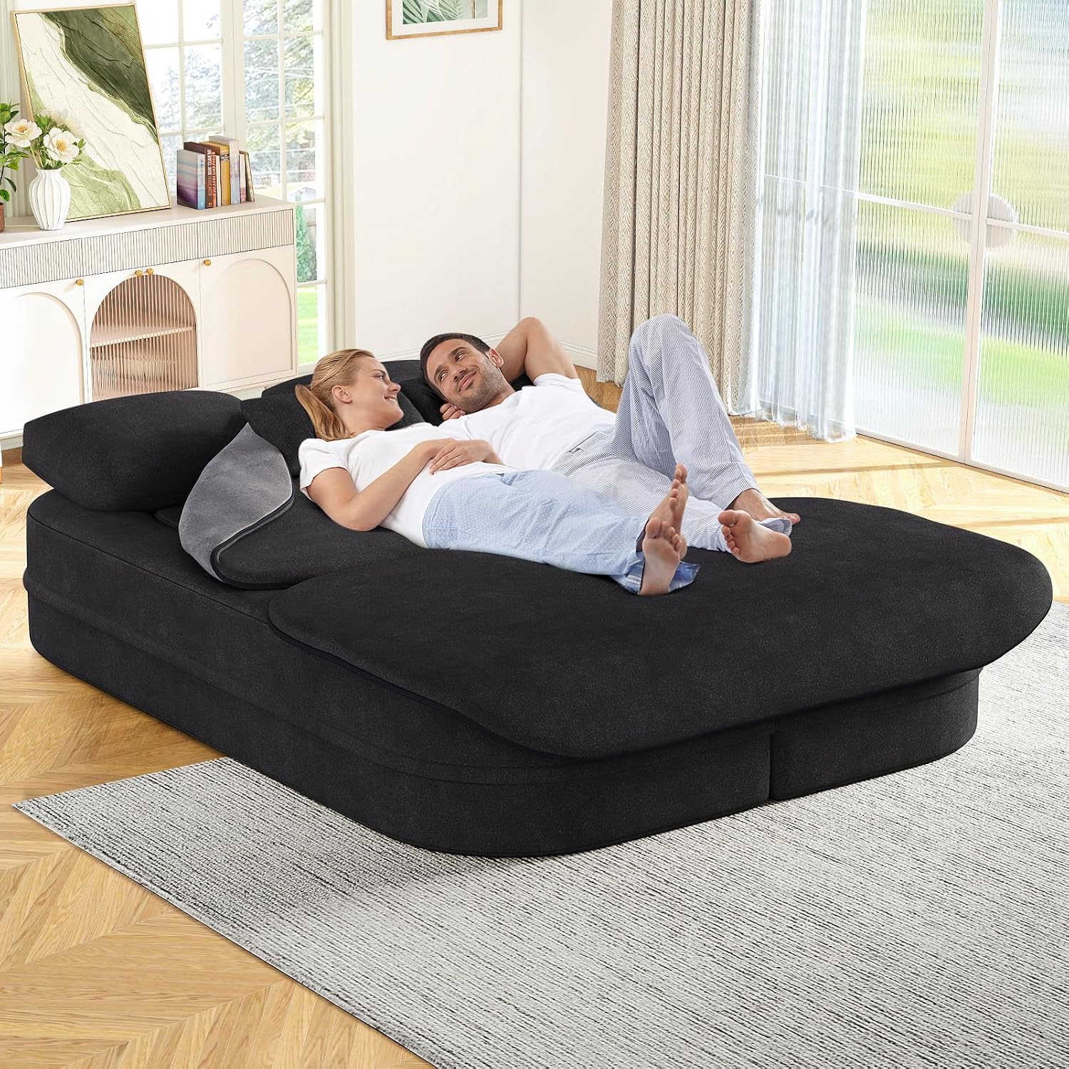 Antetek Convertible Sleeper Sofa, Modern Folding Futon Chenille Floor Foam Compression Loveseat Sofa Bed Couch, Foldable Full Size Guest Bed with 4 Pillows for Living Room Bedroom Apartment, Black