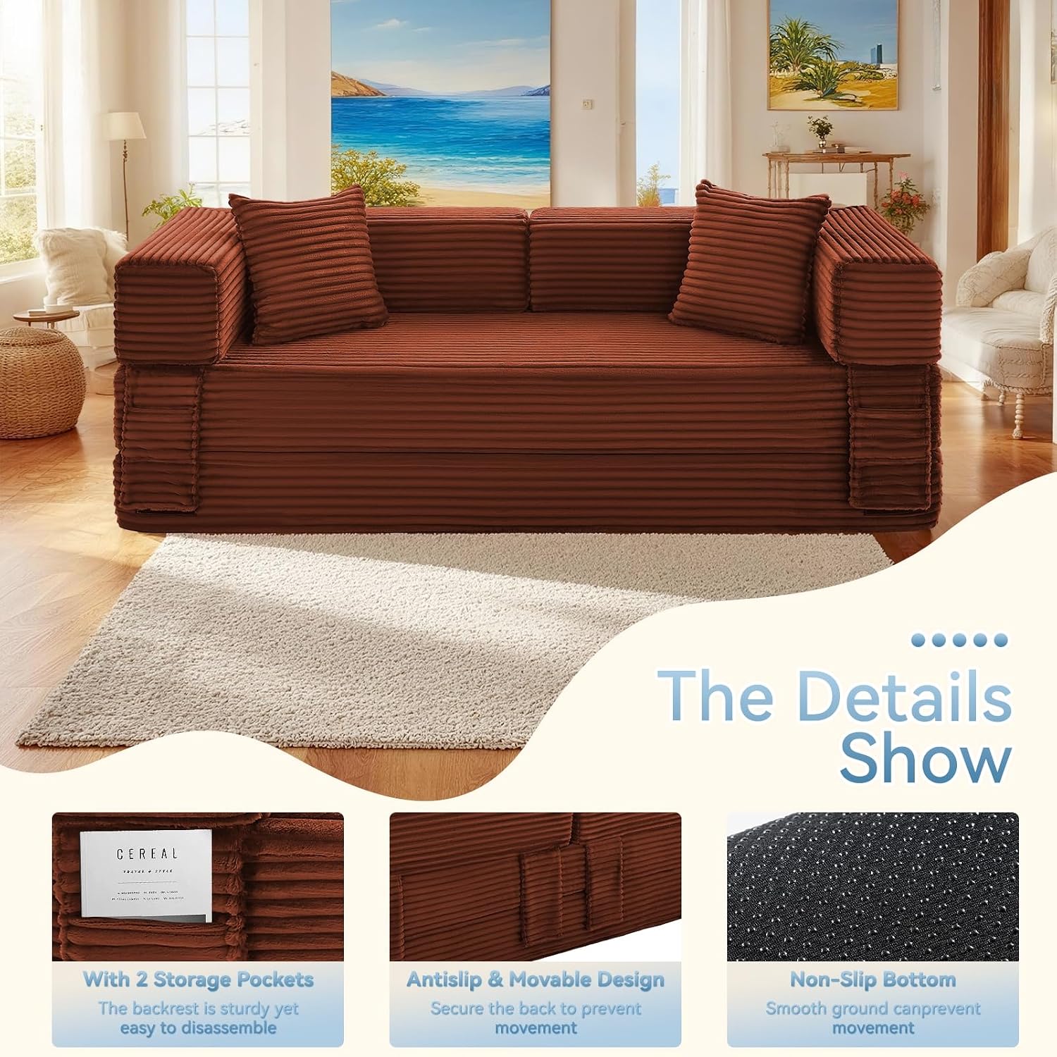 Convertible Sofa Bed,5-in-1FoldIing Couch Bed with Removable Armrests,Modular Futon Sleeper Sofa in Box with Pull Out Beds,Compression Boneless Couch for Living Room,Orange