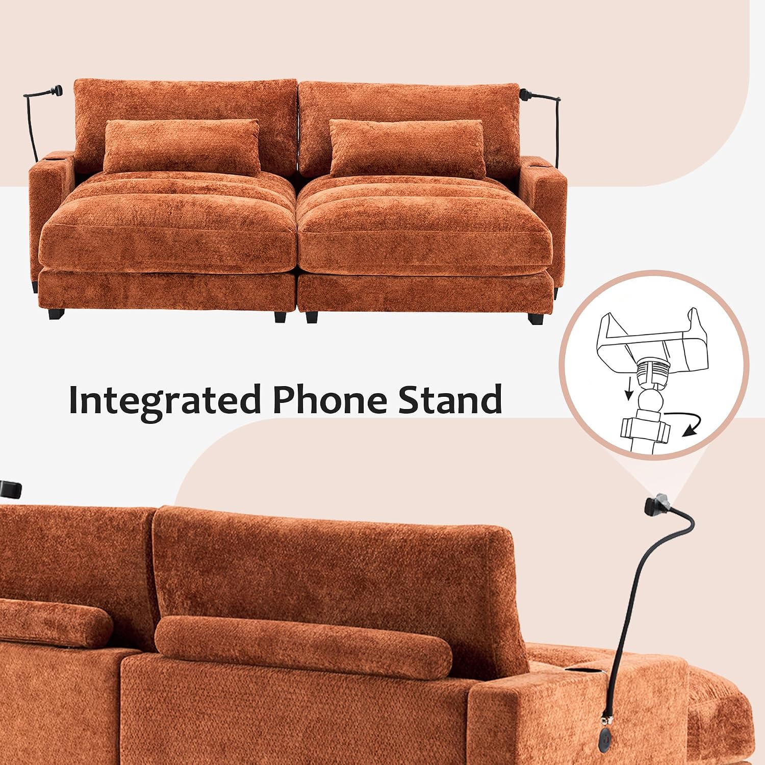 Yoglad Oversized Recliner Lounge Chair Set of 2 with USB Charging & Phone Holder - 400lb Heavy Duty Soft Chenille Reading Chair for Adults, Perfect for Small Spaces in Bedroom/Living Room, Orange