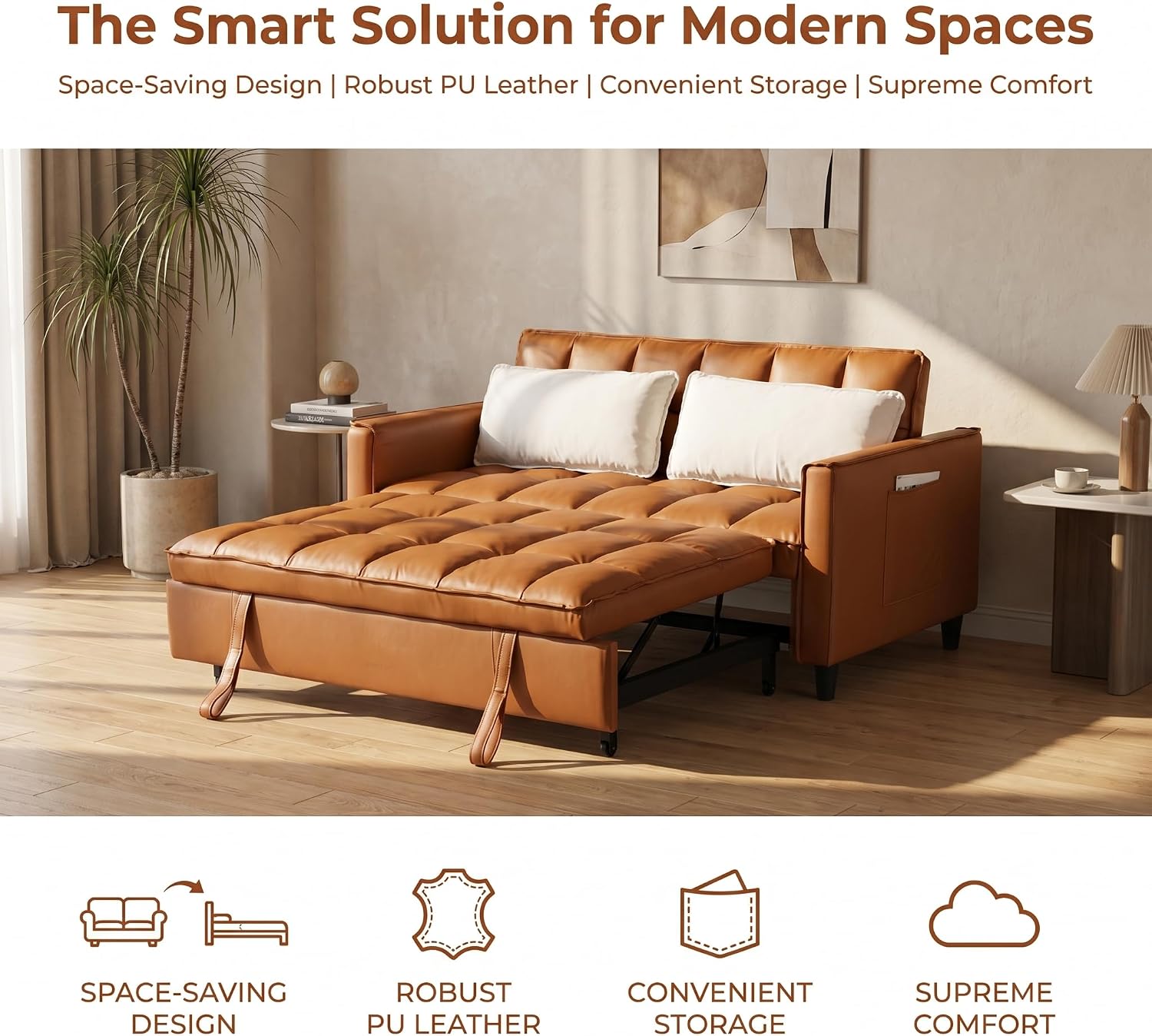 3 in 1 Convertible Sofa Bed, Loveseat Sleeper Sofa with Large Side Pockets, Pull Out Couch with Adjustable Backrest, Easy Assembly, PU Couch Bed for Small Spaces, Apartment, Brown