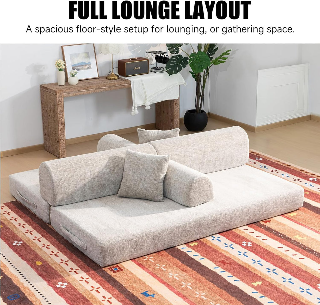 78.8' Memory Foam Boneless Couch, Corduroy Floor Sofa Bed, Convertible Sleeper Futon Loveseat, Wide Armrests & Back Support, Supports Up to 1200 lbs, Couch in a Box with 2 Pillows, Light Camel
