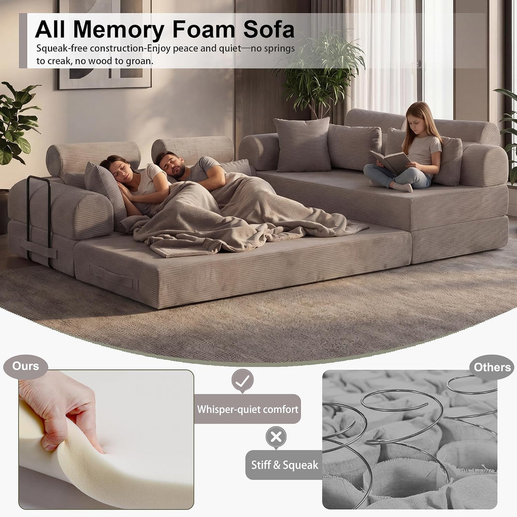 JJJ 108 inch Sofa Bed 4-in-1 Boneless Convertible Corduroy Sleeper Folding L Shaped Couch with Fixed-Shape Frame No Assemble Required 3 Seater Upholstered for Living Room (Light Grey, 108 inch)