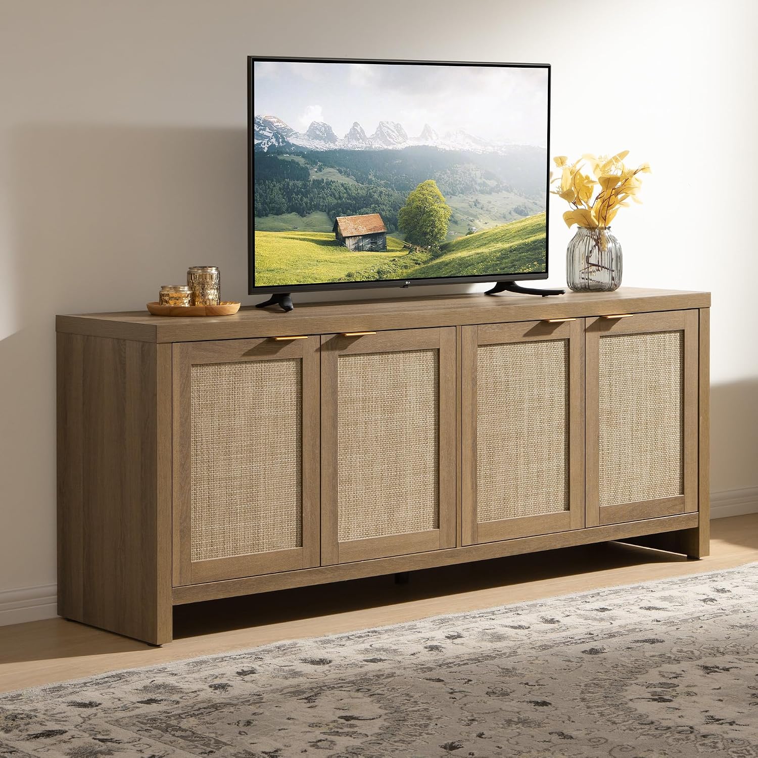 SICOTAS TV Stand for Living Room Boho Entertainment Center for Bedroom with 4 Rattan Cabinets Farmhouse Television Stands with Storage Large Media Console Table for TVs up to 65 Inch
