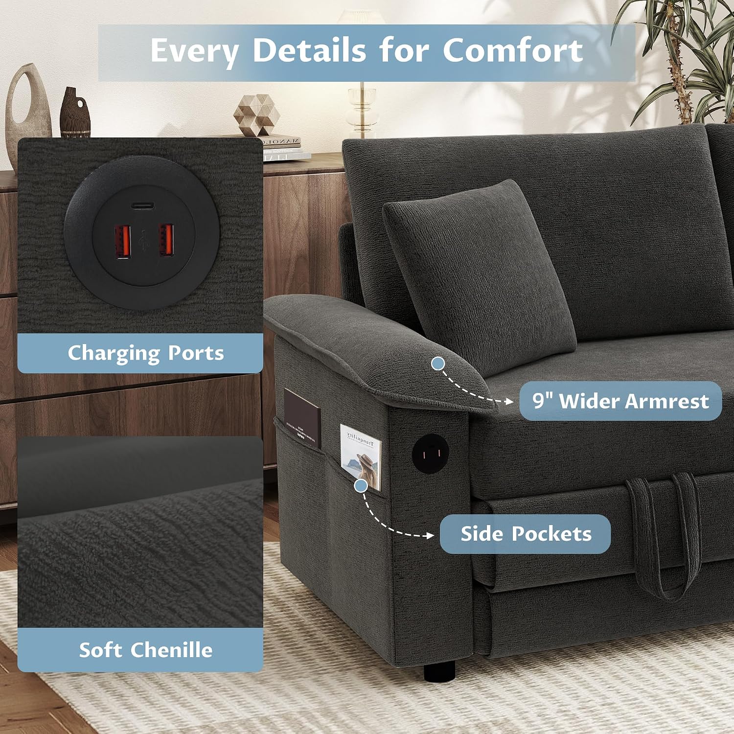 SUNWAVE 77' Sleeper Sofa Convertible Sofa Bed with USB Ports & Side Pockets, Chenille Loveseat Pull Out Couch with Full Size Sleeping Area, Folding Sofa Bed for Living Room & Small Spaces (Black)
