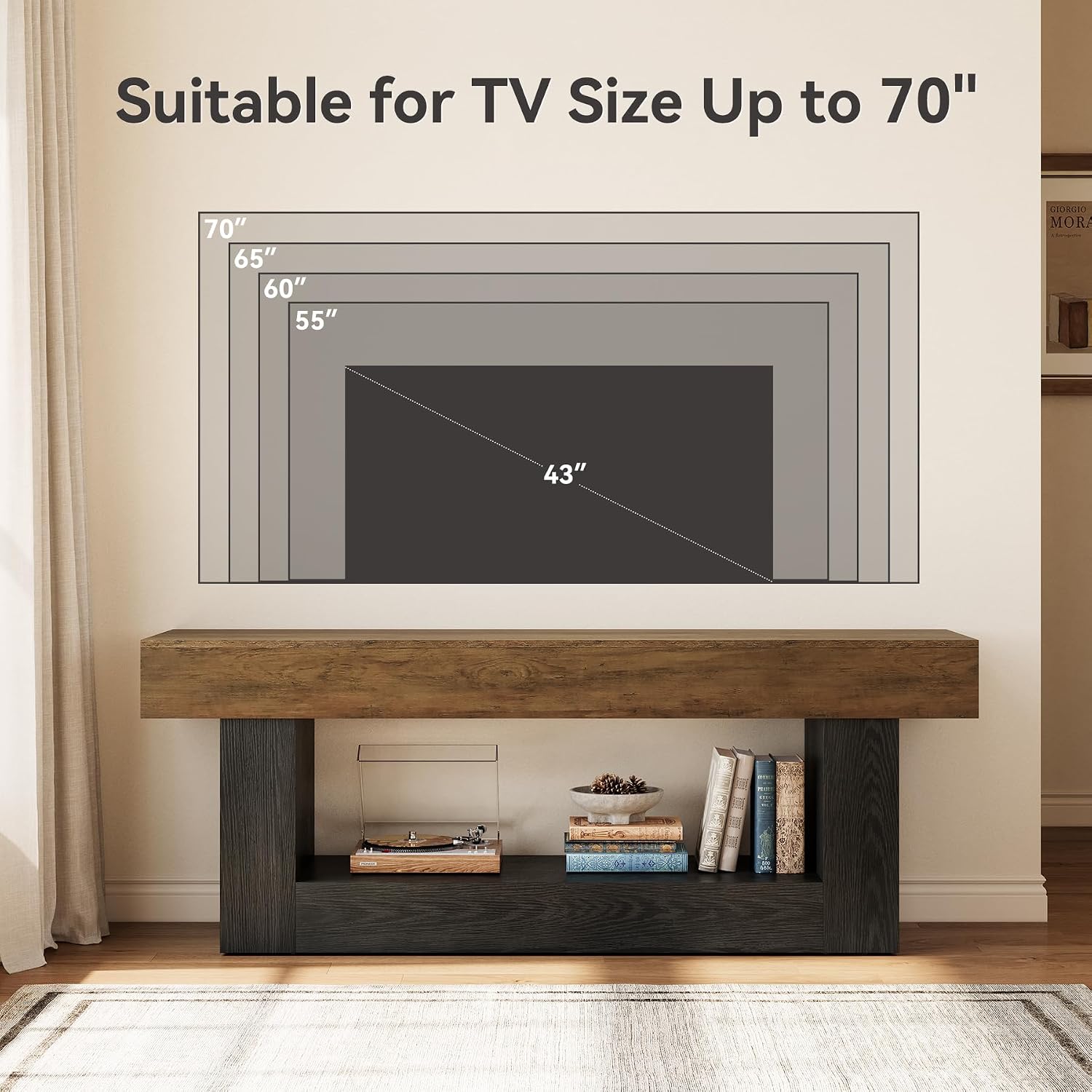 LITTLE TREE 63 Inches Long TV Stand for TVs Up to 70 Inches, Modern Television Stand for Living Room, Entertainment Center with U-Shaped Pedestal & Open Storage Shelf, Media TV Console, Brown & Black