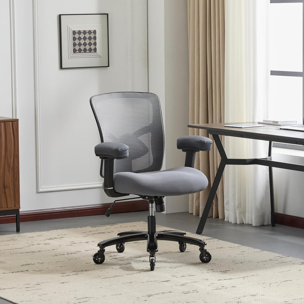 500LBS Big and Tall Office Chair with 4D Armrests & Adjustable Backrest, Heavy Duty Office Chair for Heavy People, Memory Foam Seat Filling Springs, Grey
