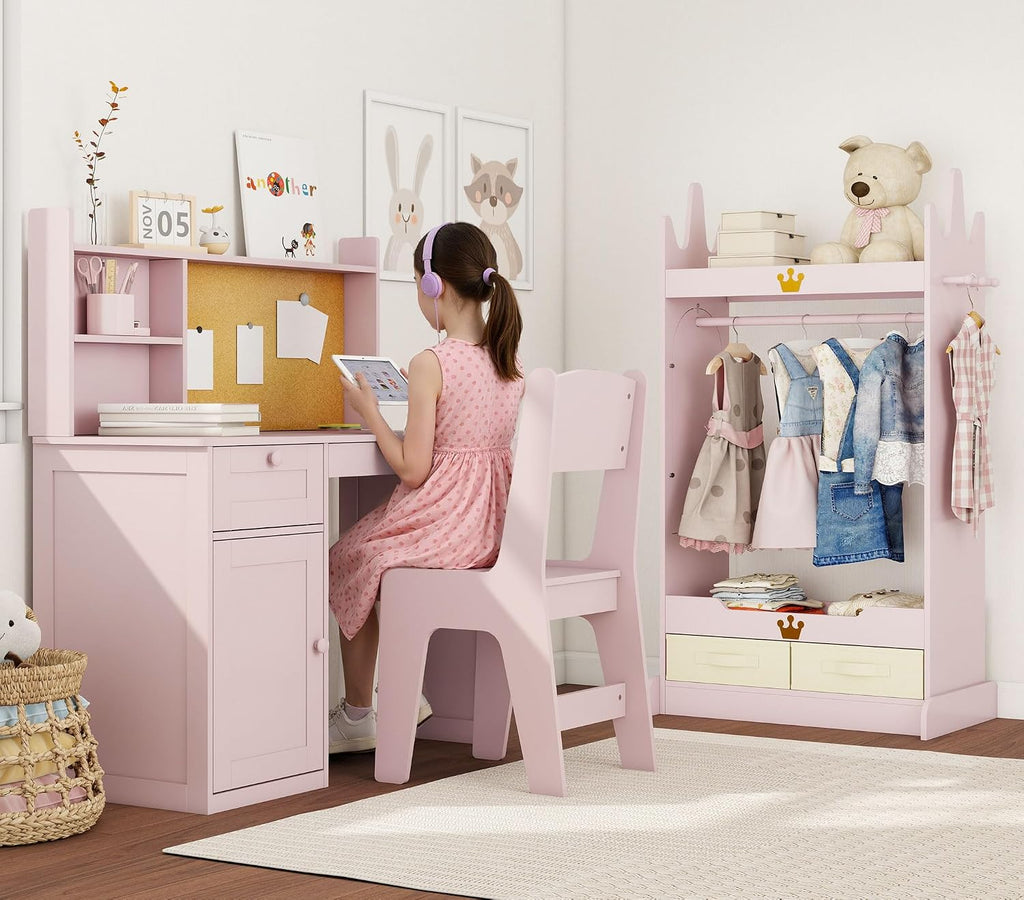 FTZxHKLX Dress Up Storage & Kids Desk Chair Set, Open Hanging Armoire Closet & Wooden Kids Desk and Chair Set with Storage Cabinet for Bedroom, Study Room, Pink