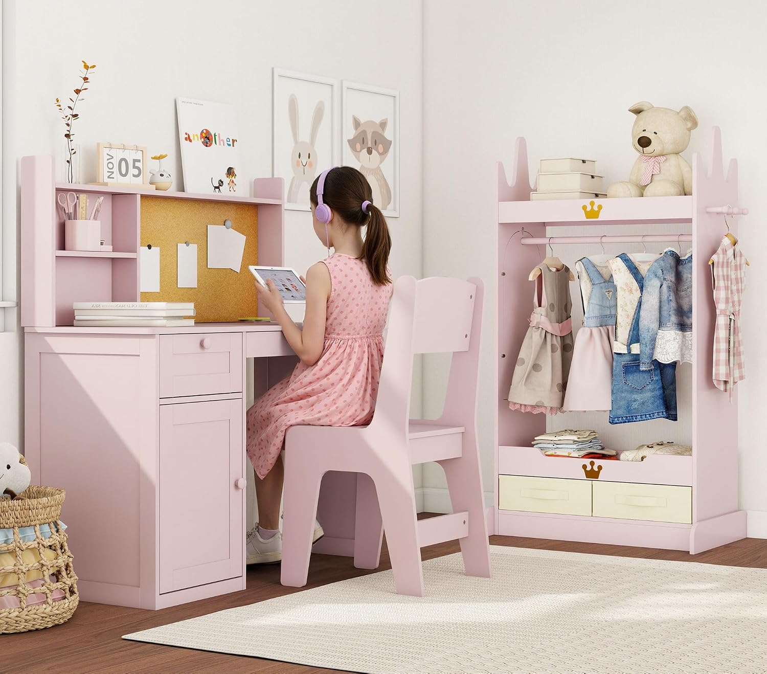 FTZxHKLX Dress Up Storage & Kids Desk Chair Set, Open Hanging Armoire Closet & Wooden Kids Desk and Chair Set with Storage Cabinet for Bedroom, Study Room, Pink