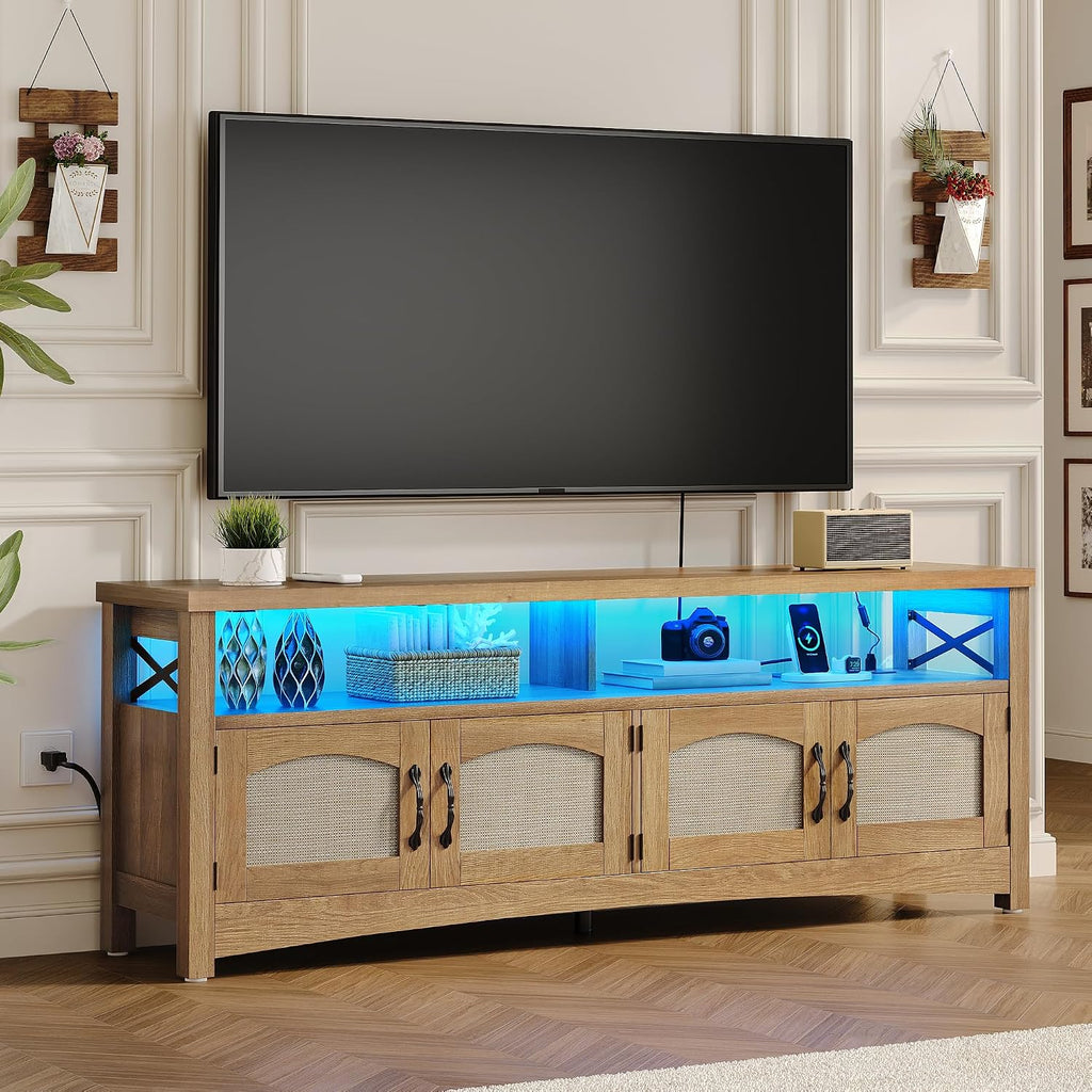 DWVO Farmhouse TV Stand for 65 inch TVs, LED Entertainment Center with Storage, TV Console with Power Outlets, Wooden Bar Coffee TV Table with Shelves for Living Room (Oak)