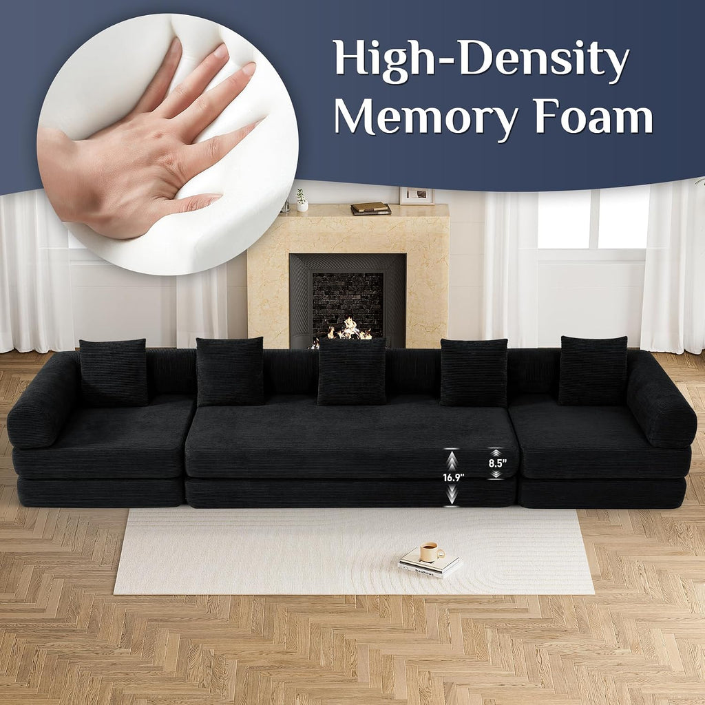 DAMAIFROM Convertible Sleeper Sofa Bed with Cylindrical Pillow,Corduroy Folding Mattress Couch with Fixed-Shape Frame,Modular Floor Sofa Lounge Couch for Living Room Bedroom Lounge,158.6',Black