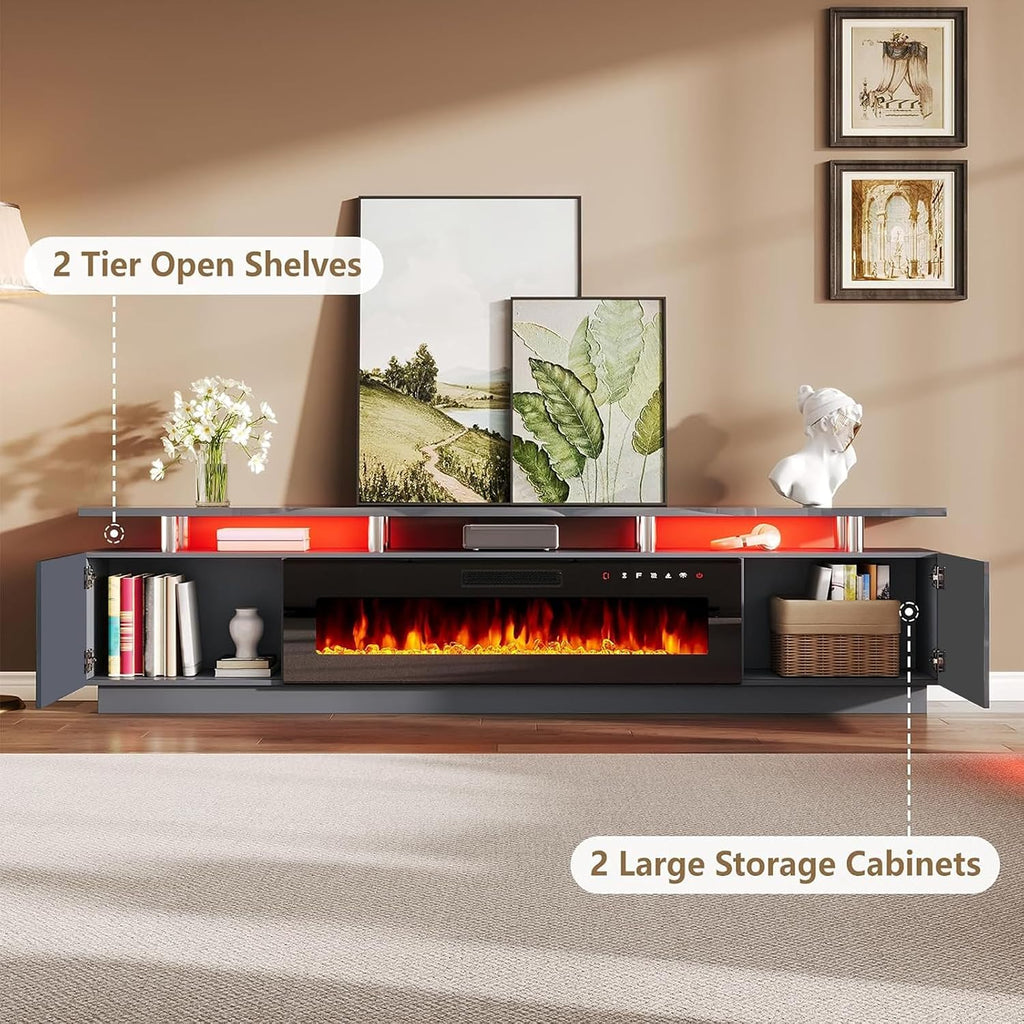 AMERLIFE 90' 2 Tier Fireplace TV Stand with 50' Fireplace, Modern Large Entertainment Center LED Lights, Media Console Table Storage Cabinet for TVs Up to 100', Living Room, Gray
