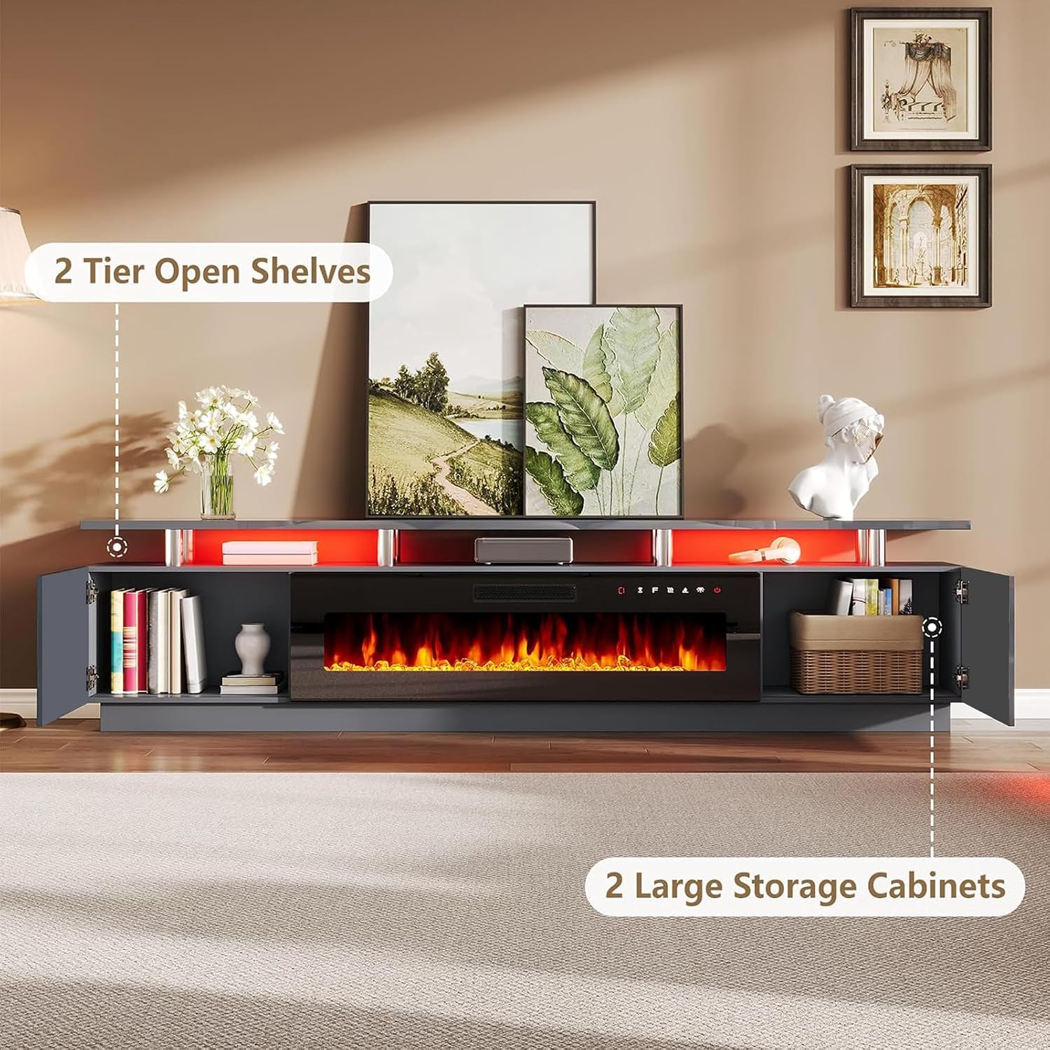 AMERLIFE 90' 2 Tier Fireplace TV Stand with 50' Fireplace, Modern Large Entertainment Center LED Lights, Media Console Table Storage Cabinet for TVs Up to 100', Living Room, Gray