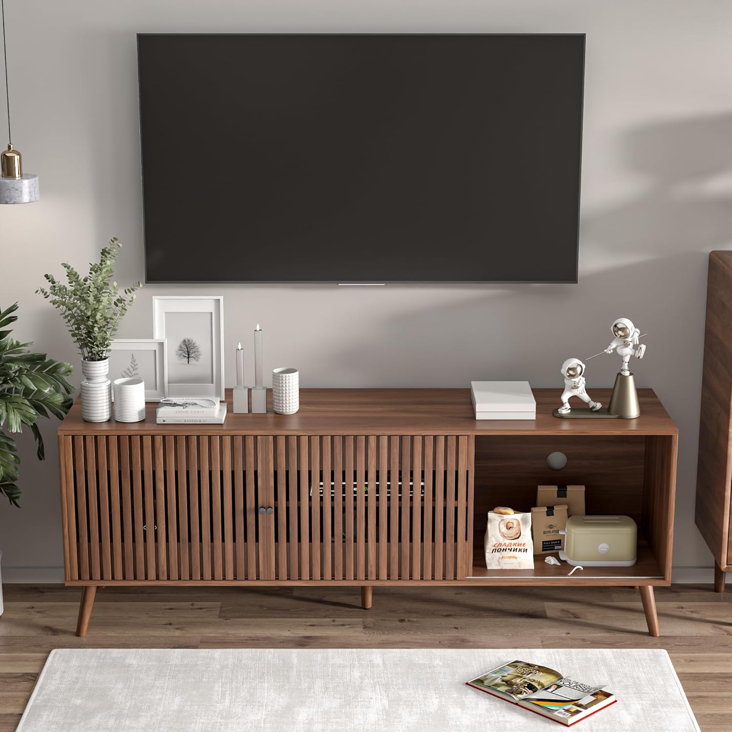 Oubayajia Mid Century Modern TV Stand for Televisions up to 70 Inches, with Sliding Doors and Storage, Television Stands, TV Consoles, Media Consoles for Living Room, 63 Inch (Walnut)