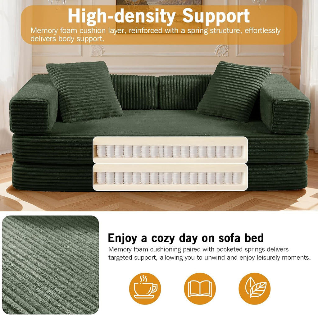 81'' Futon Sofa Bed, Folding Floor Couch Bed, Corduroy Fabric Boneless Couch, Compressed Boneless Sofa in a Box, Comfy Sleeper for Living Room-Green