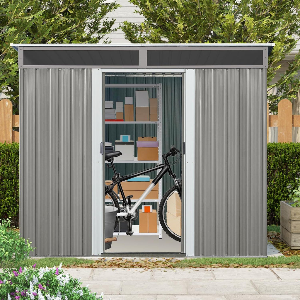 KEIKI 8x6 FT Outdoor Metal Storage Shed with Sloped Roof,Window,Transparent Plate and Lockable Door for Garden Yard Lawn