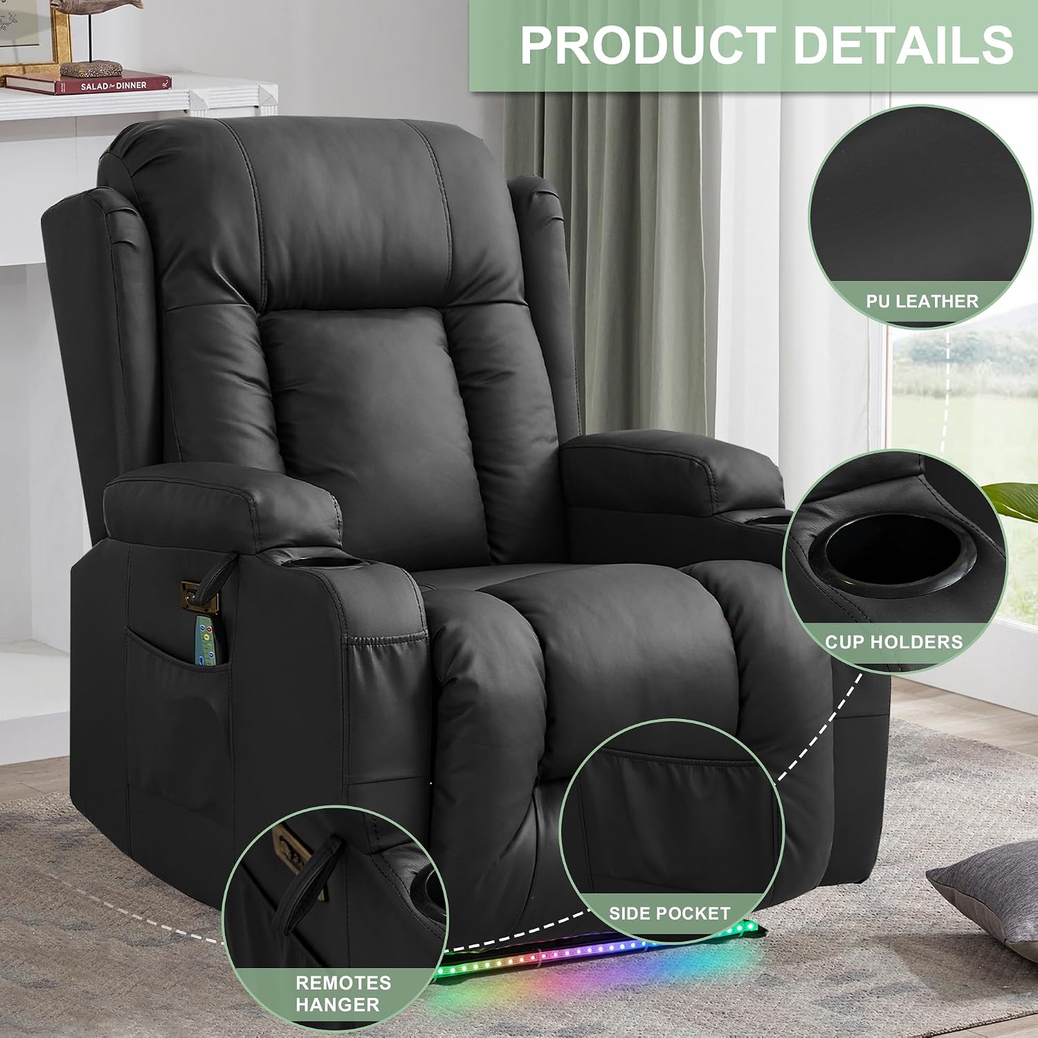 TUNYI Power Recliner Sofa with Massage & Heat Home Theater Seating with Console RV Recliner Sofa with USB/Storage/Side Pocket/LED Light (Black, 1PC)