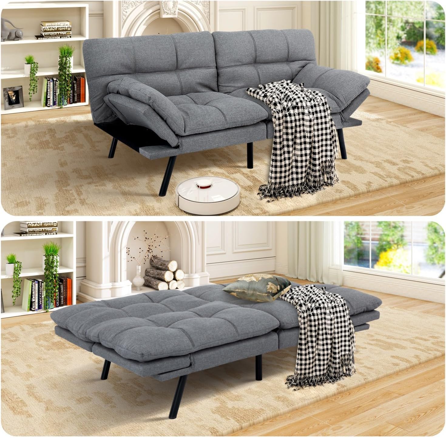 MUUEGM Futon Sofa Bed Modern Memory Foam Futon Couch Sleeper Sofa,Love seat Convertible Sofa with Adjustable Armrest Backrest for Compact Living Spaces,71'' x33''x31.5'',Linen Fabric,Grey