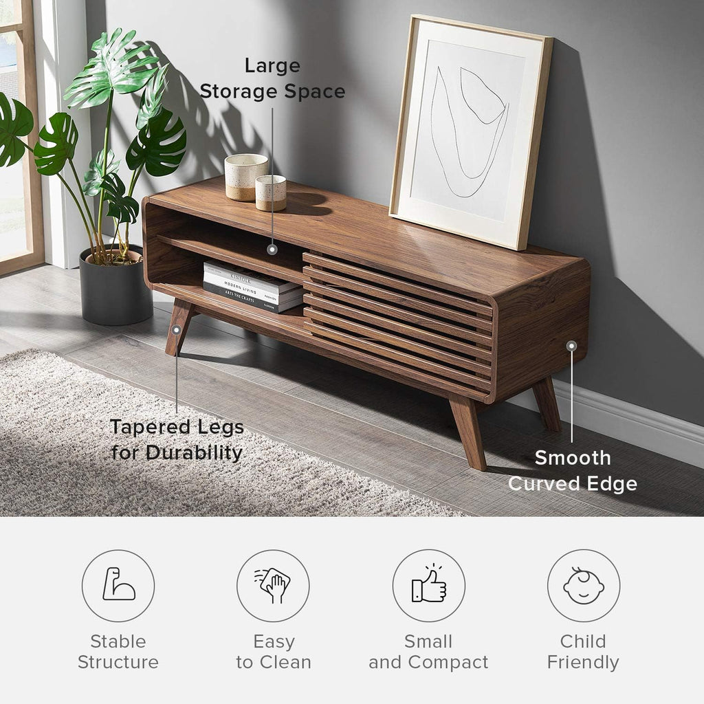 mopio Ensley 46' TV Stand with Slatted Door, Mid Century Modern Entertainment Center for 55/60/65 inch TV, Farmhouse Media Console with Storage, Adjustable Shelves, Round Edges, Living Room (Walnut)