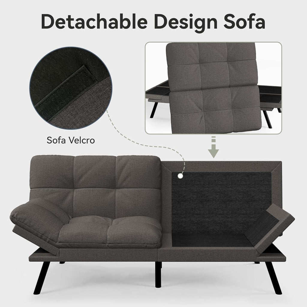 Convertible Futon Sofa Bed,71' Memory Foam Futon Couch,Detachable Cushion,Adjustable Backrest & Armrest,Linen Modern Loveseat Sleeper Recliner for Living Room,Office,Apartment,Retro Grey