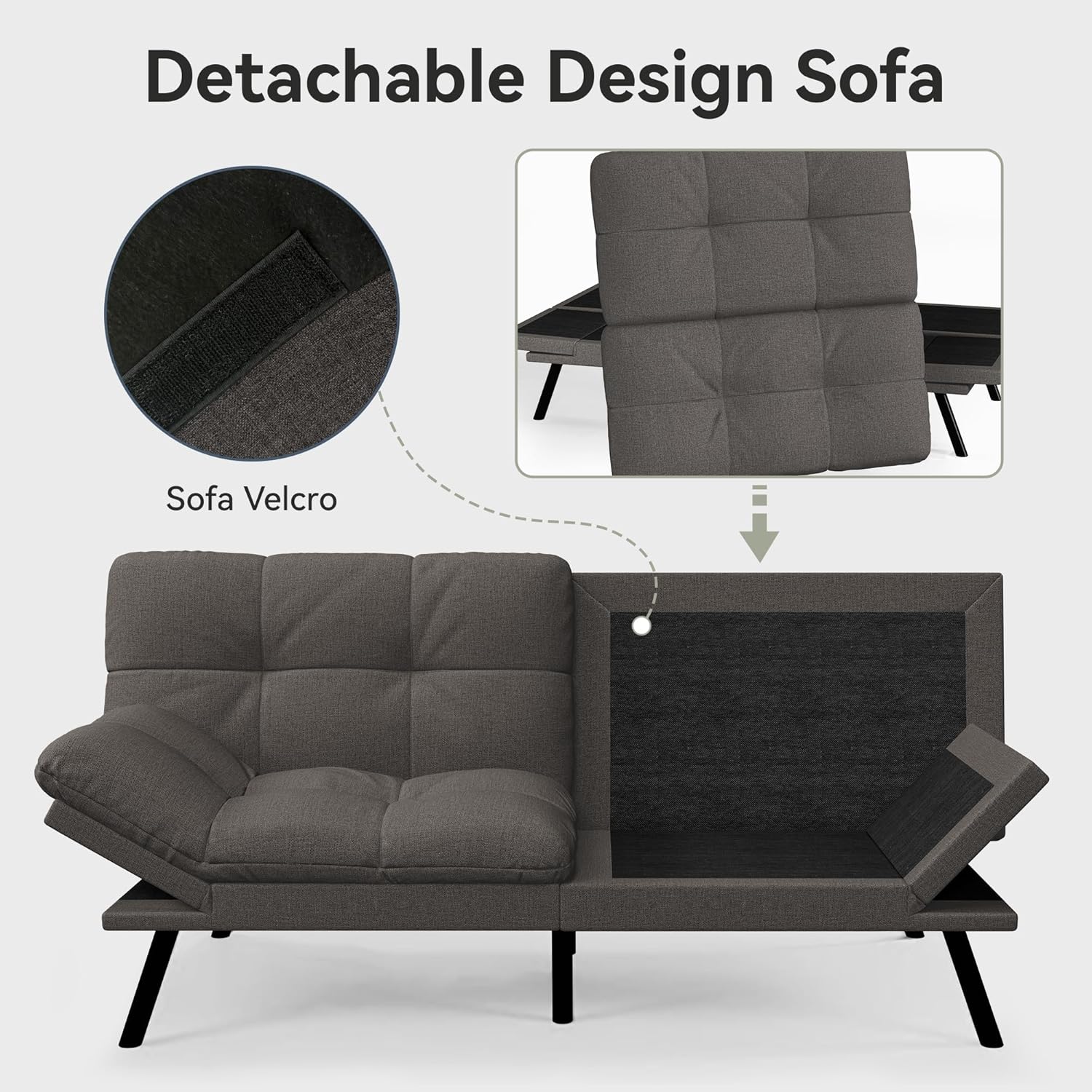 Convertible Futon Sofa Bed,71' Memory Foam Futon Couch,Detachable Cushion,Adjustable Backrest & Armrest,Linen Modern Loveseat Sleeper Recliner for Living Room,Office,Apartment,Retro Grey
