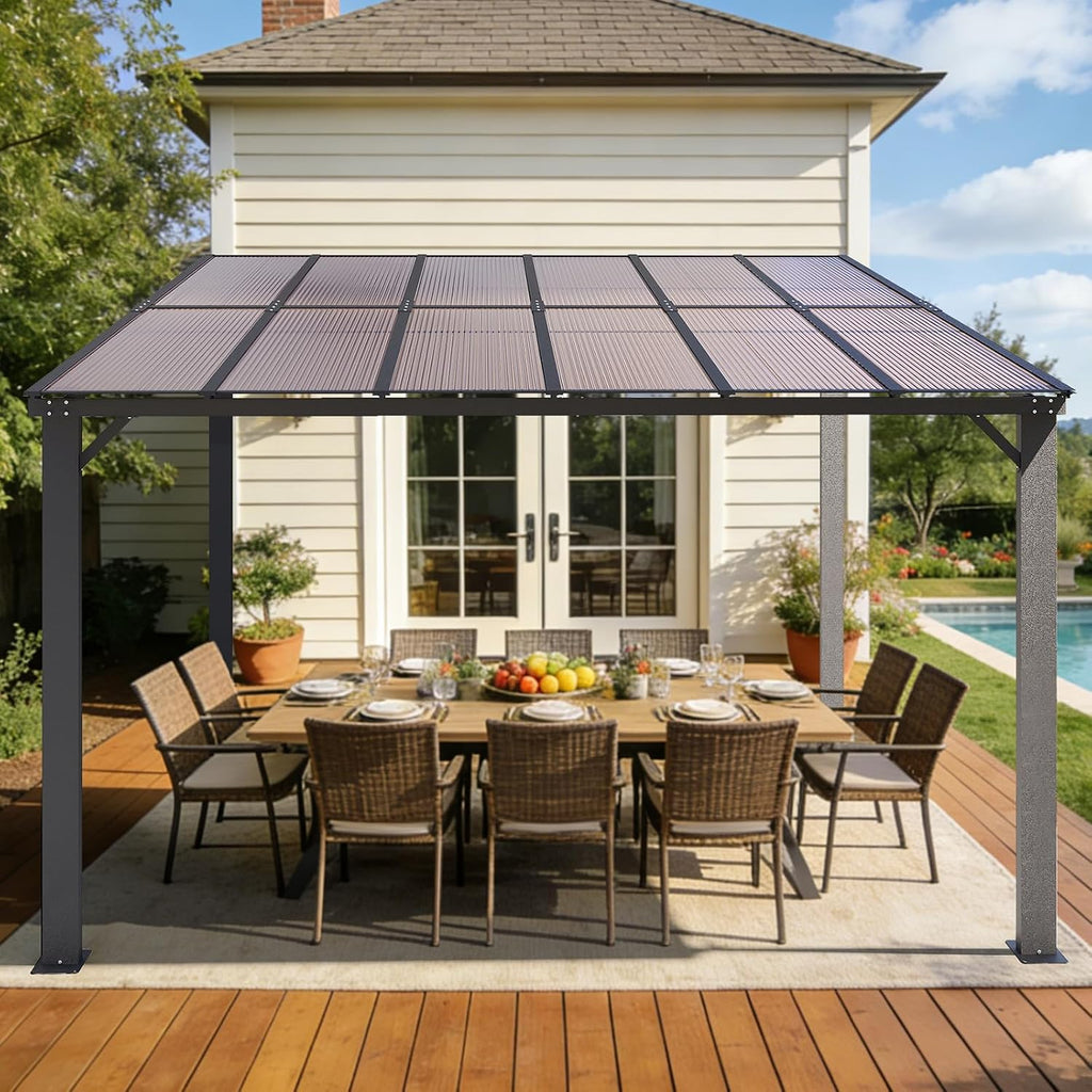 10'×12' Patio Gazebo with Waterproof Fuzzy Strip, Innovative Base Support Pergola, Wall Mounted Gazebo for Backyard, Decks, Garden