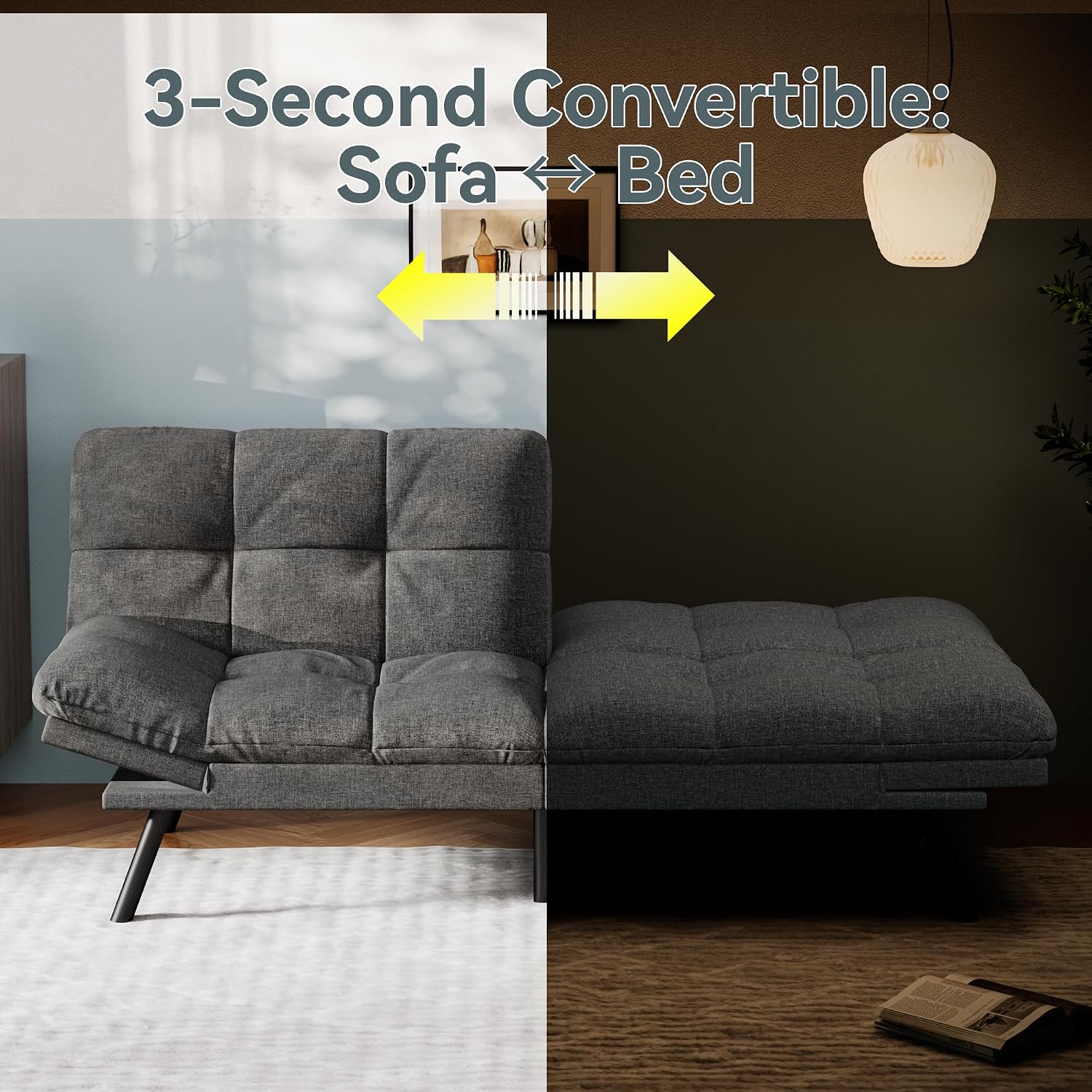 Vyfipt Convertible Futon Sofa Bed, Grey Linen Futon Couch with Adjustable Backrest & Armrests, Folding Small Recliner Sleeper Sofa Bed for Living Room, Apartment, Office