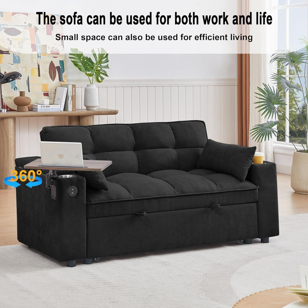 hansones 66' Multi-Functional Pull-Out Sofa Bed with Hidden Side Table, Storage Armrests, Built-in Charging Port, Spring Mattress, Solid Wood Frame – Ideal for Small Spaces, Easy Assembly