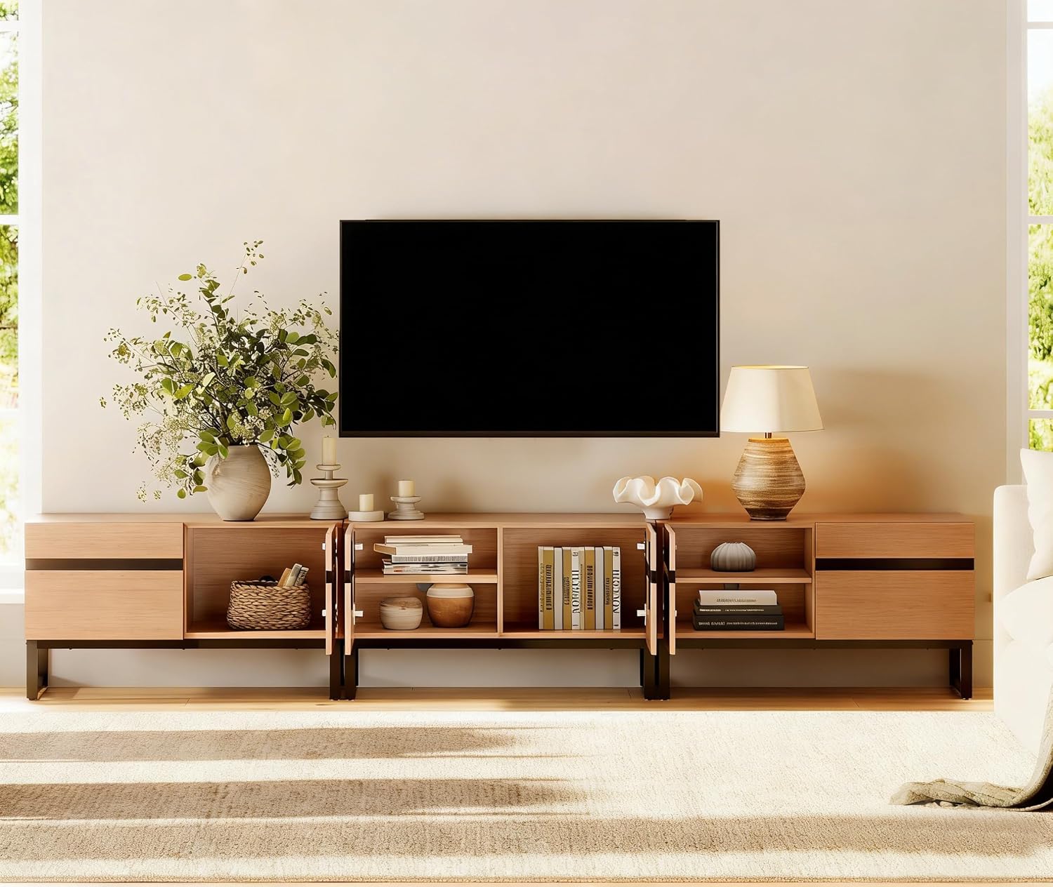 WAMPAT Modern TV Stand for 32-110 Inch TVs, Wood Entertainment Center with Metal Base Storage Cabinets, Media TV Console for Living Room, Mocha, 3Pcs